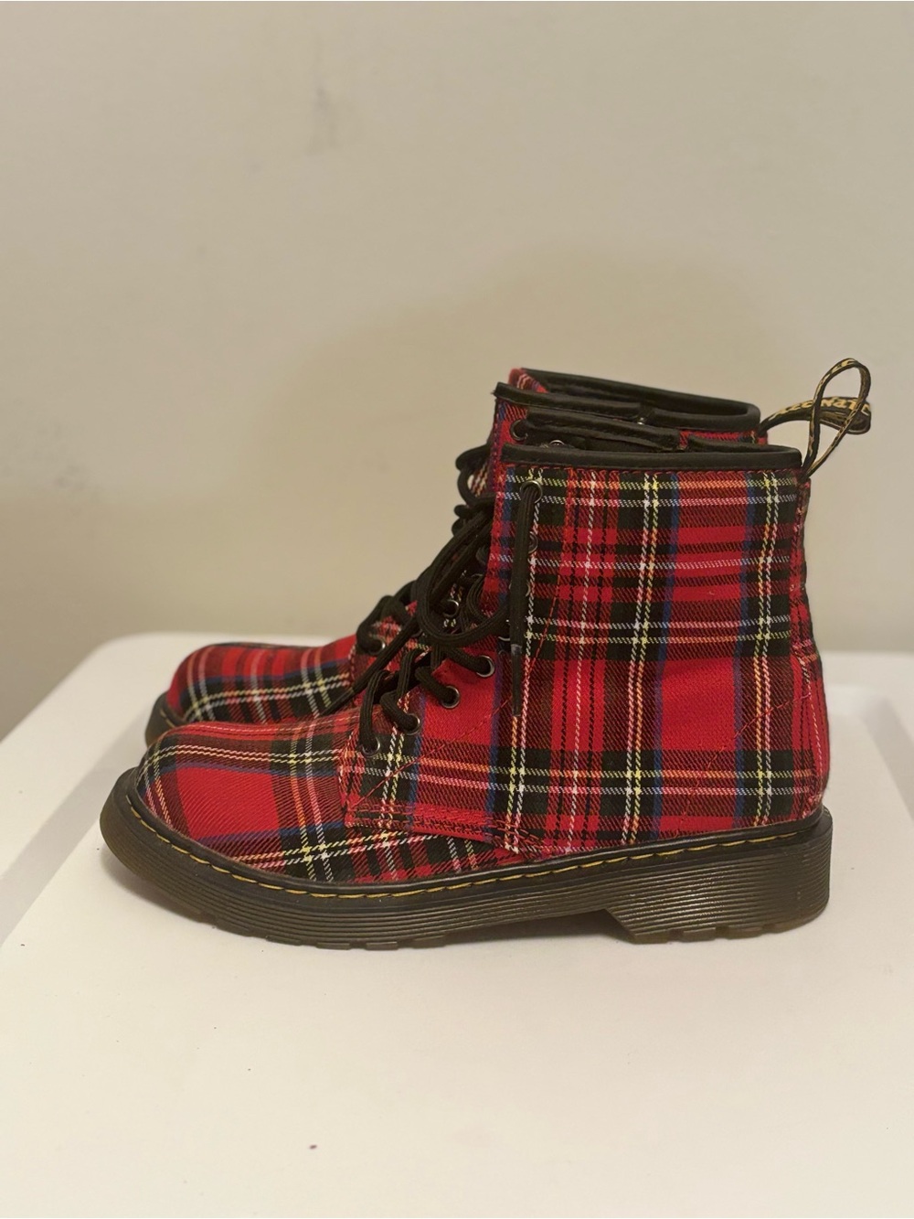 Dr. Martens Red Plaid Kids Lace-Up Boots